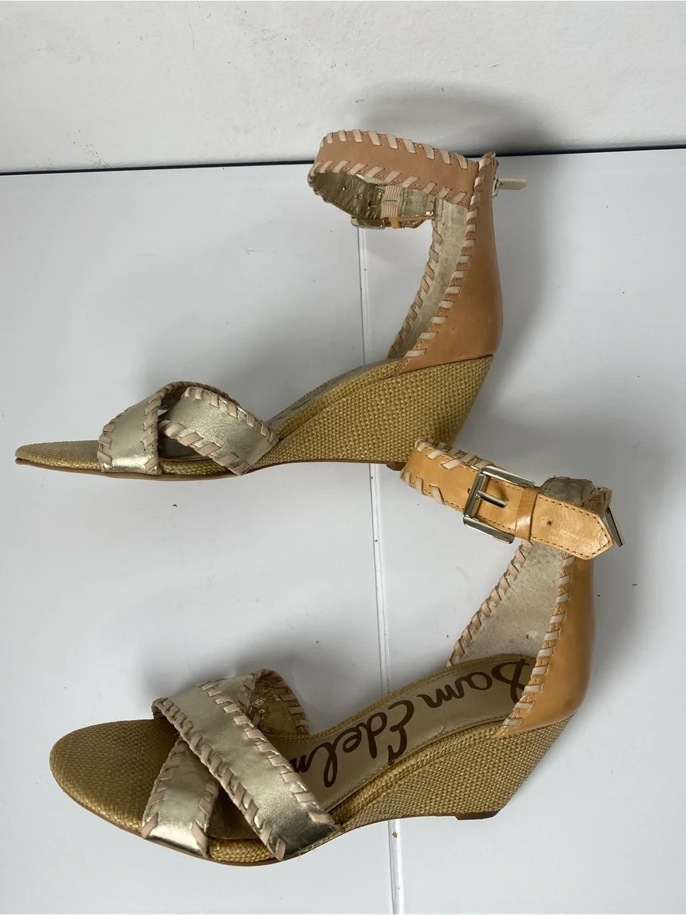 Sam Edelman Gold and Tan Wedge Sandals with Ankle Strap Flawed